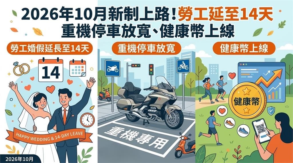 10月多項新制上路!婚假延長至14天 重機停車放寬、健康幣上線(新聞配圖)