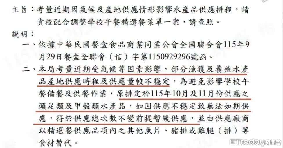 北市宣布營養午餐「水產可暫緩供應」　教育局公文揭原因（新聞配圖）