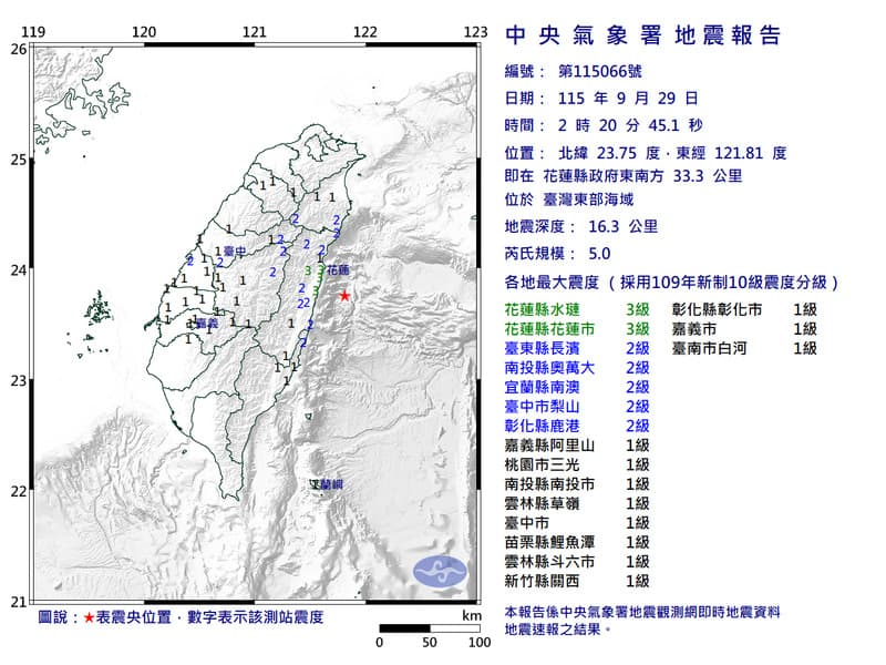 02:20 台灣東部海域規模5地震 13縣市有感 花蓮最大震度3級(新聞配圖)