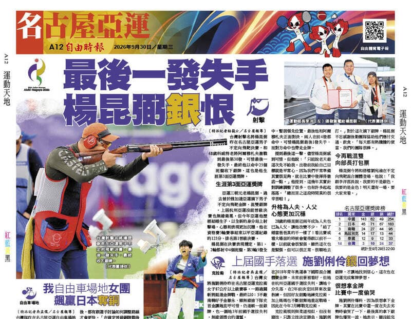 亞運前線》楊昆弼失手「銀」恨 今再拚翻牌（新聞配圖）